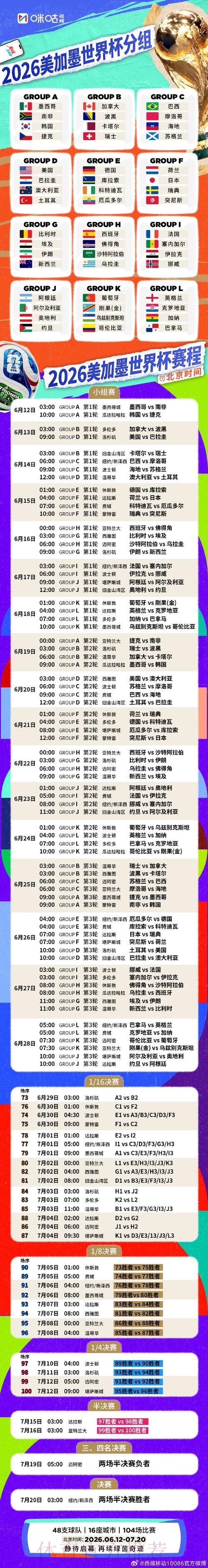 2026世界杯赛事时间安排